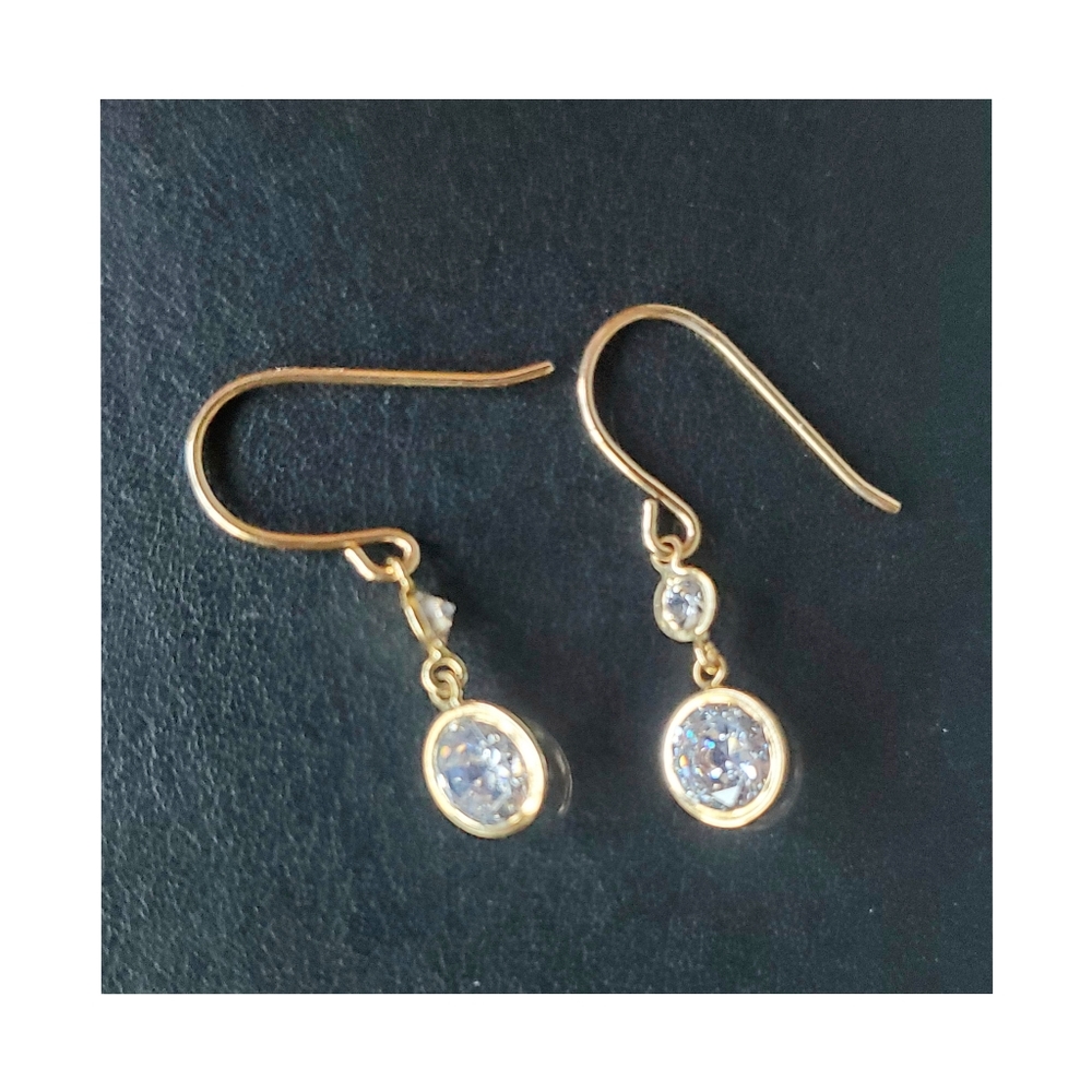 14k Solid Yellow Gold Dangle Double Drop Zirconia… - image 5